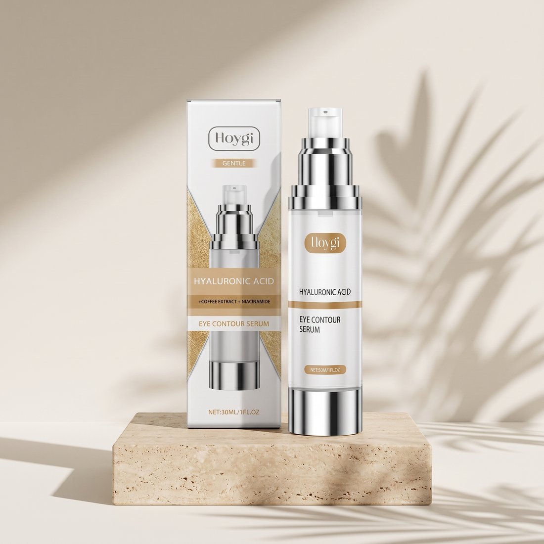 Renew Eye Serum bottle and box on travertine pedestal